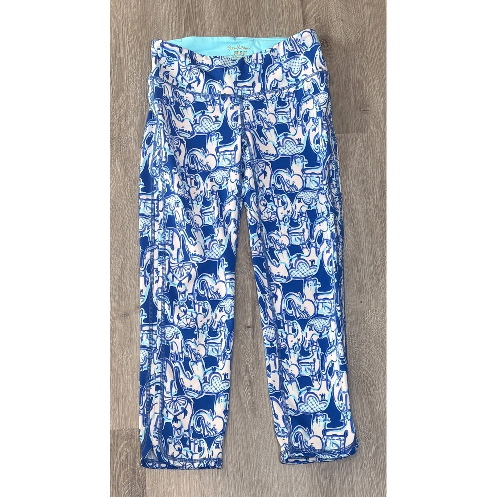 Lilly Pulitzer Luxletic Elephant Print Leggings Blue White Crop Style 25219 XS